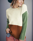 Slate Gray Color Block Round Neck Long Sleeve Sweater Sentient Beauty Fashions Apparel & Accessories