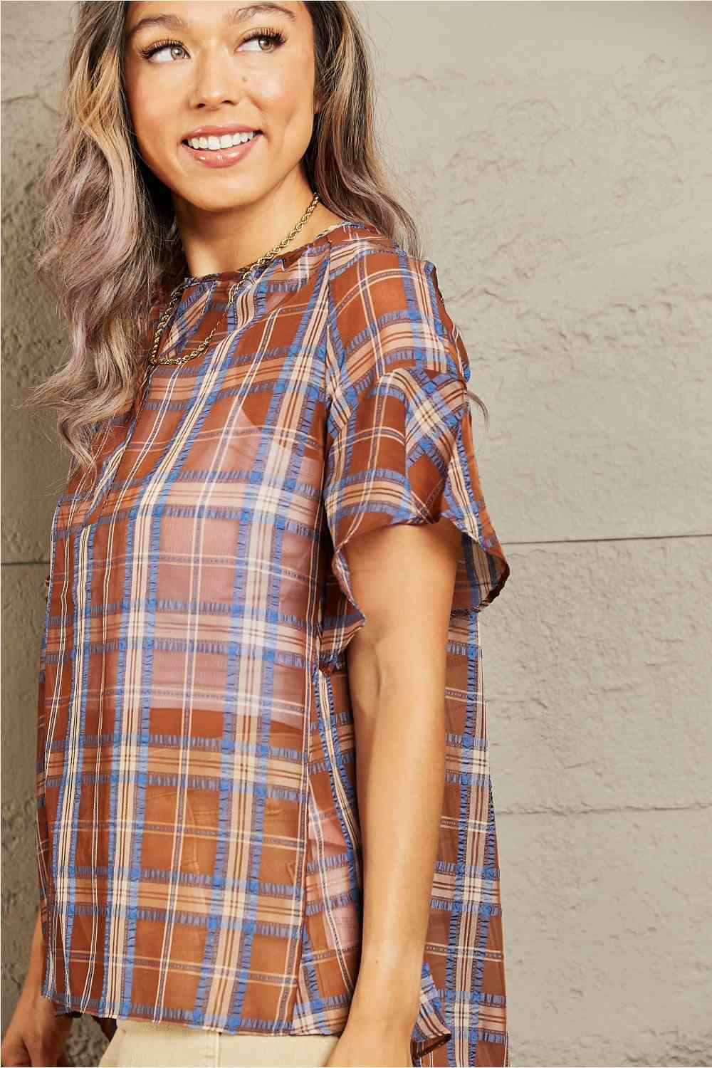 Rosy Brown Petal Dew For You Short Sleeve Plaid Top Sentient Beauty Fashions Tops