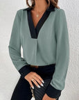 Gray Contrast Trim V-Neck Long Sleeve Blouse