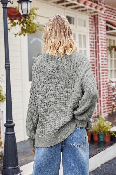 Dark Gray Ribbed Drop Shoulder Lantern Sleeve Sweater