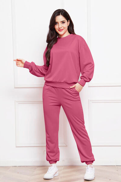 Misty Rose Round Neck Long Sleeve Sweatshirt and Pants Set Sentient Beauty Fashions Apparel &amp; Accessories