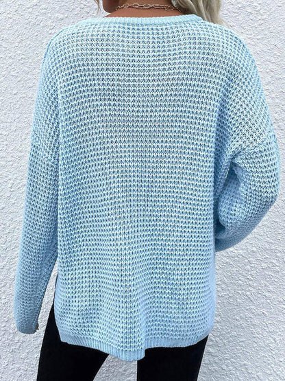 Light Blue Notched Long Sleeve Sweater