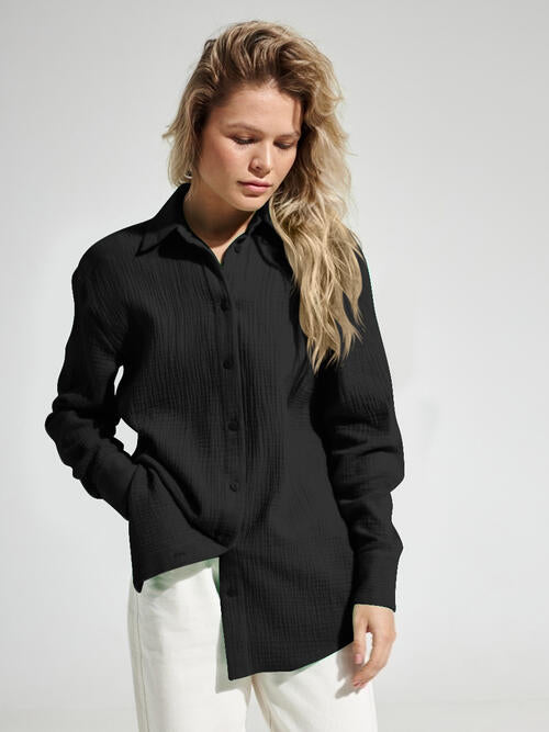 Black Textured Button Up Long Sleeve Shirt