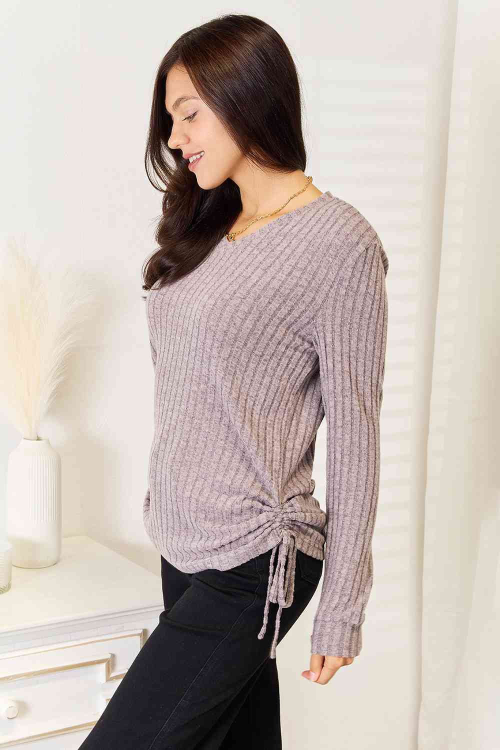 Light Gray Double Take Drawstring Ribbed Long Sleeve T-Shirt Sentient Beauty Fashions Apparel & Accessories