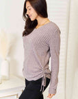 Light Gray Double Take Drawstring Ribbed Long Sleeve T-Shirt