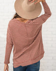 Light Gray Striped Round Neck Long Sleeve Slit T-Shirt Sentient Beauty Fashions Apparel & Accessories