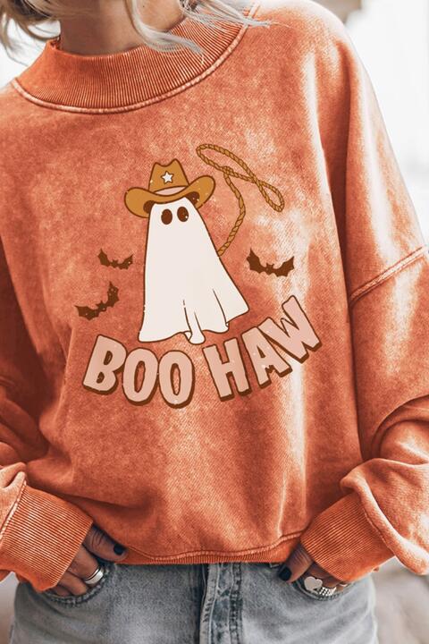 Chocolate BOO HAW Ghost Graphic Dropped Shoulder Round Neck Sweatshirt Sentient Beauty Fashions Apparel & Accessories