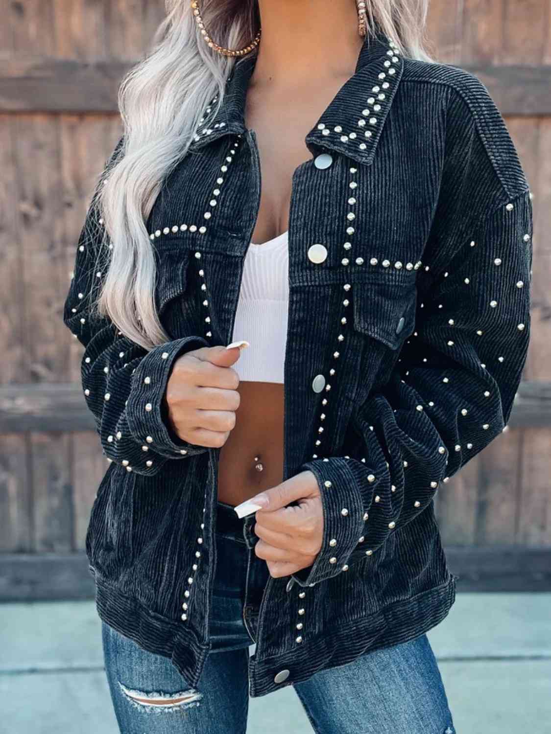 Dark Slate Gray Studded Collared Neck Button Down Jacket Sentient Beauty Fashions jackets