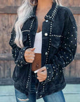 Dark Slate Gray Studded Collared Neck Button Down Jacket Sentient Beauty Fashions jackets