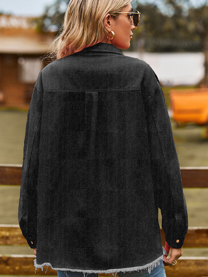 Dark Slate Gray Raw Hem Denim Jacket with Pockets Sentient Beauty Fashions Apparel &amp; Accessories
