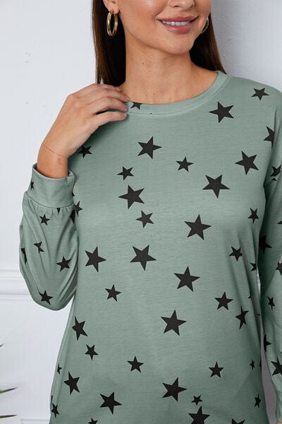 Light Slate Gray Star Print Round Neck Dropped Shoulder Sweatshirt