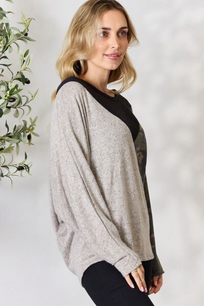 Light Gray BiBi Brushed Hacci Color Block Long Sleeve Top Sentient Beauty Fashions Apparel &amp; Accessories