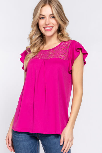 Medium Violet Red ACTIVE BASIC Ruffle Short Sleeve Lace Detail Knit Top Sentient Beauty Fashions Apparel &amp; Accessories
