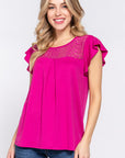 Medium Violet Red ACTIVE BASIC Ruffle Short Sleeve Lace Detail Knit Top Sentient Beauty Fashions Apparel & Accessories