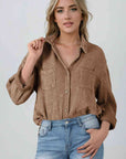 Gray Mineral Wash Crinkle Textured Chest Pockets Shirt Sentient Beauty Fashions Apparel & Accessories