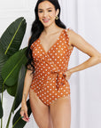 Light Gray Marina West Swim Full Size Float On Ruffle Faux Wrap One-Piece in Terracotta Sentient Beauty Fashions Swimwear