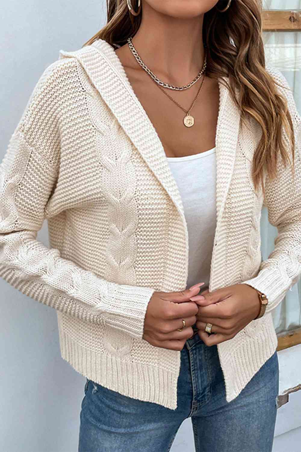 Gray Cable-Knit Dropped Shoulder Hooded Cardigan