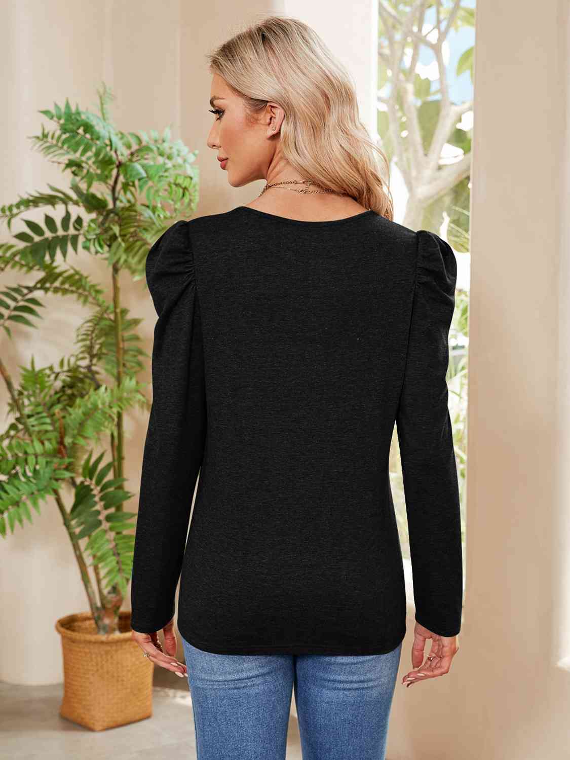 Tan Buttoned Round Neck Puff Sleeve T-Shirt Sentient Beauty Fashions Apparel &amp; Accessories