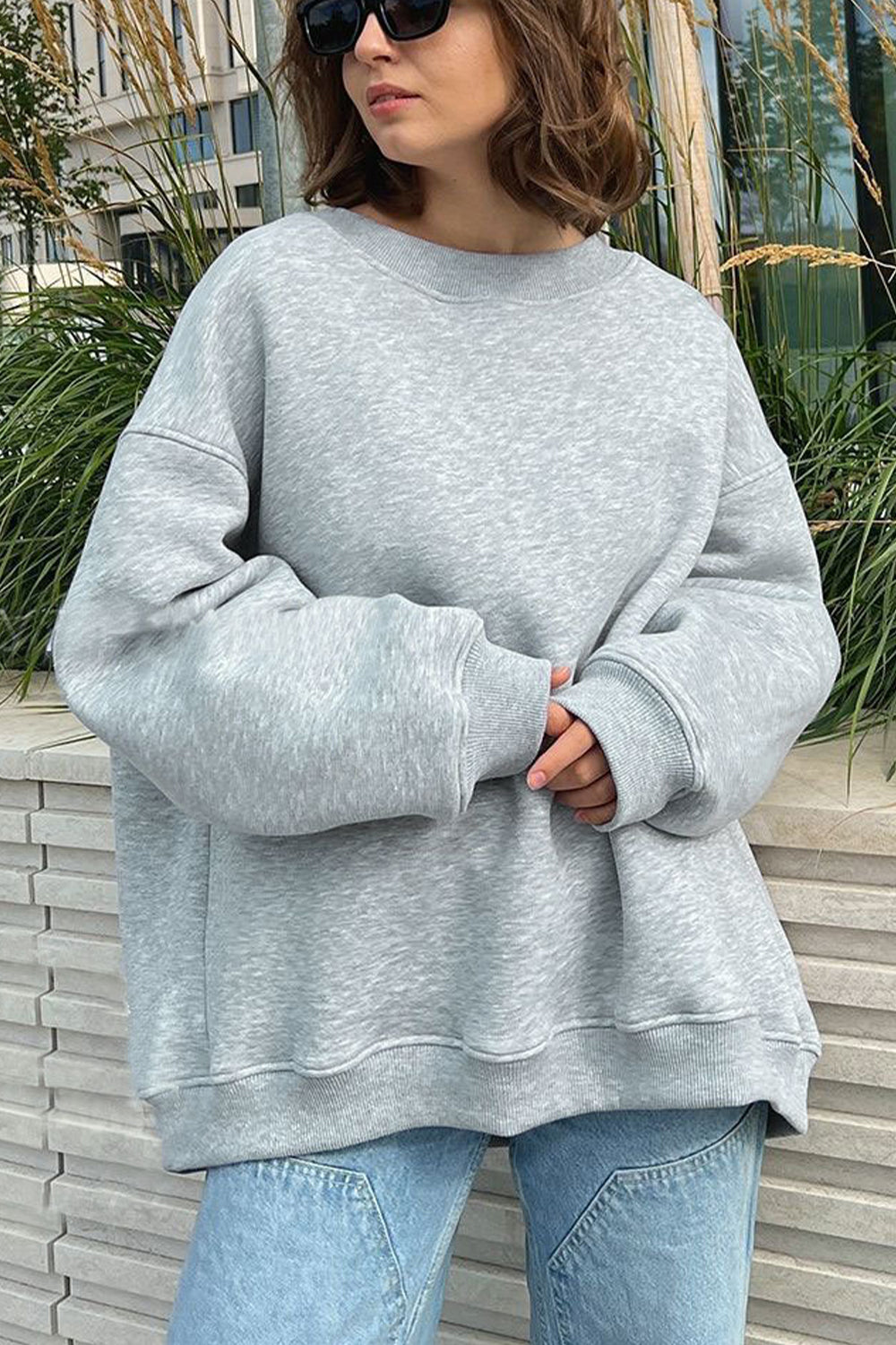 Gray Oversize Round Neck Dropped Shoulder Sweatshirt Sentient Beauty Fashions Apparel &amp; Accessories