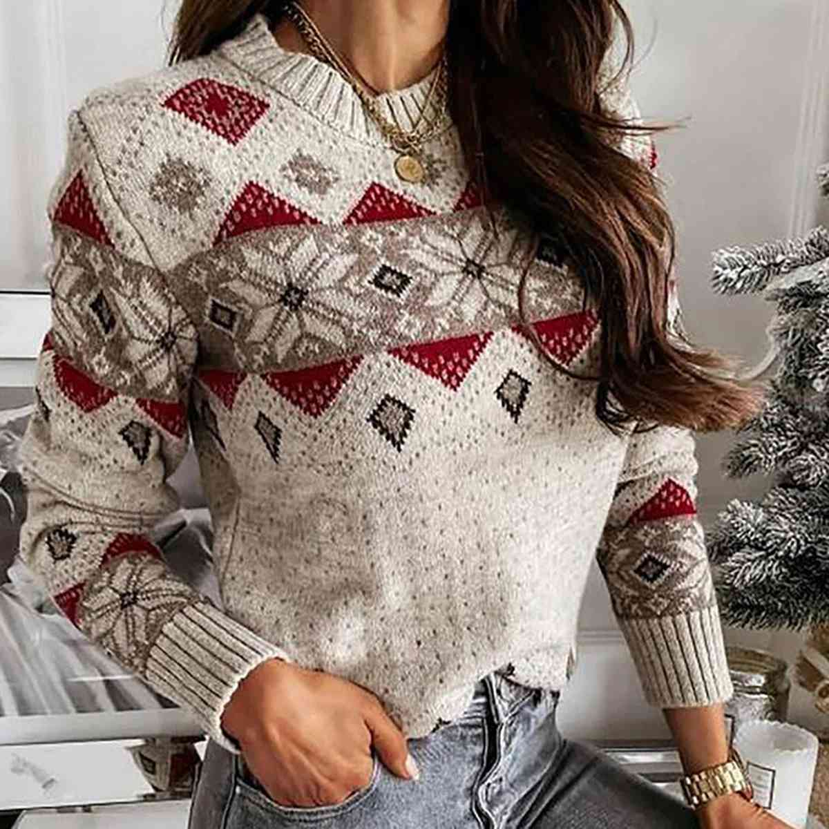 Dark Gray Snowflake Round Neck Sweater