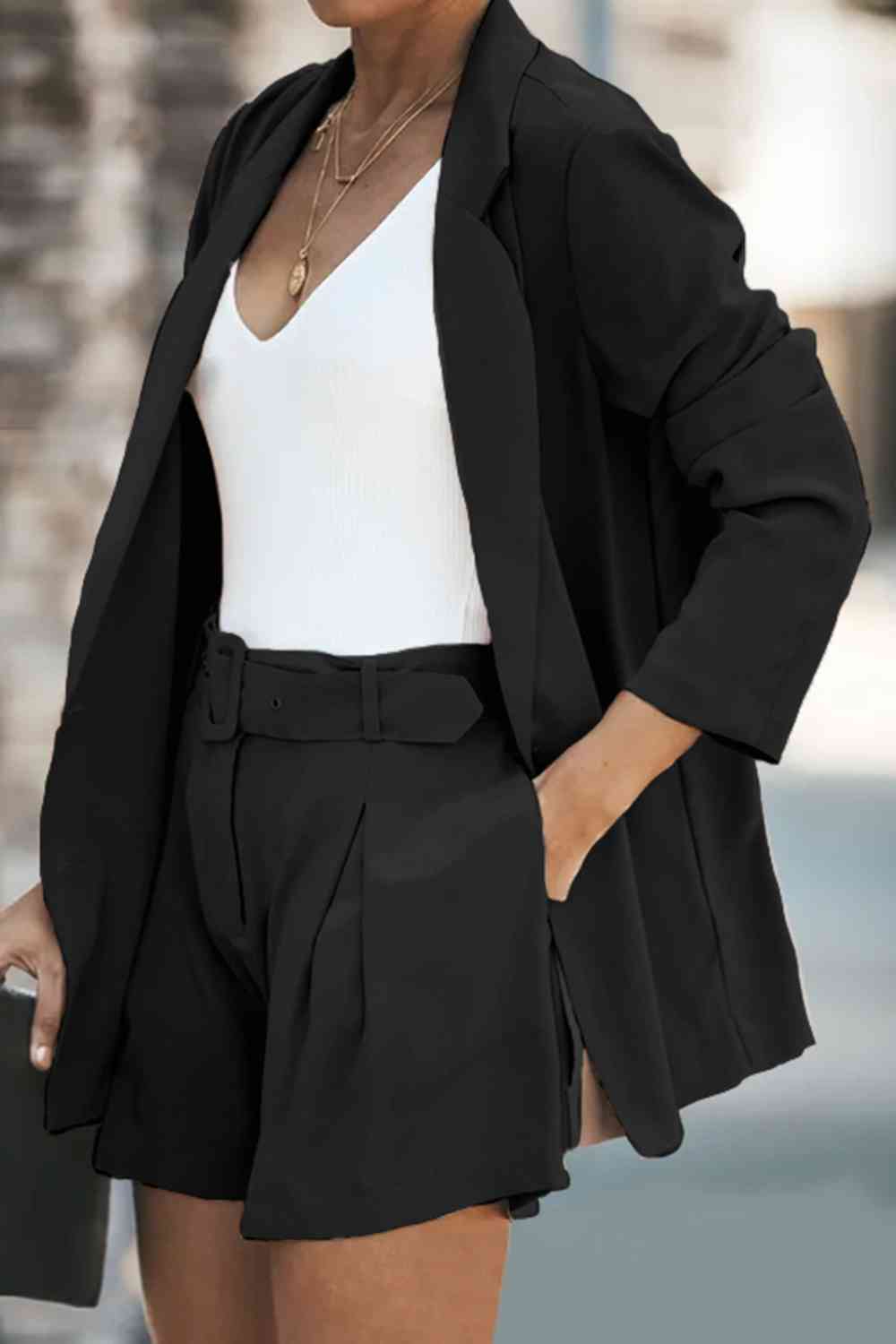 Gray Longline Blazer and Shorts Set with Pockets Sentient Beauty Fashions Apparel &amp; Accessories