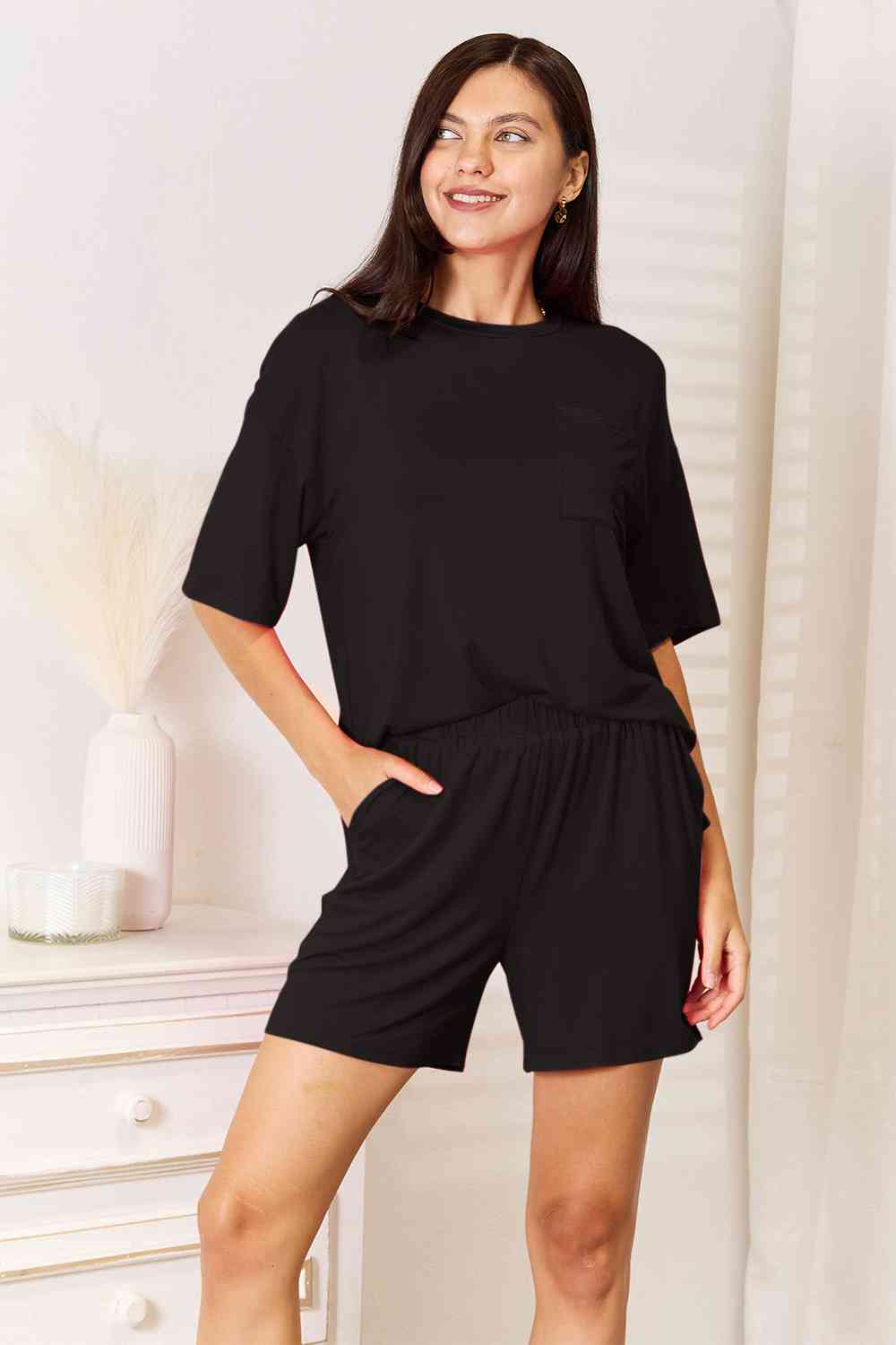 Black Basic Bae Full Size Soft Rayon Half Sleeve Top and Shorts Set Sentient Beauty Fashions Apparel &amp; Accessories