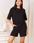 Black Basic Bae Full Size Soft Rayon Half Sleeve Top and Shorts Set Sentient Beauty Fashions Apparel & Accessories