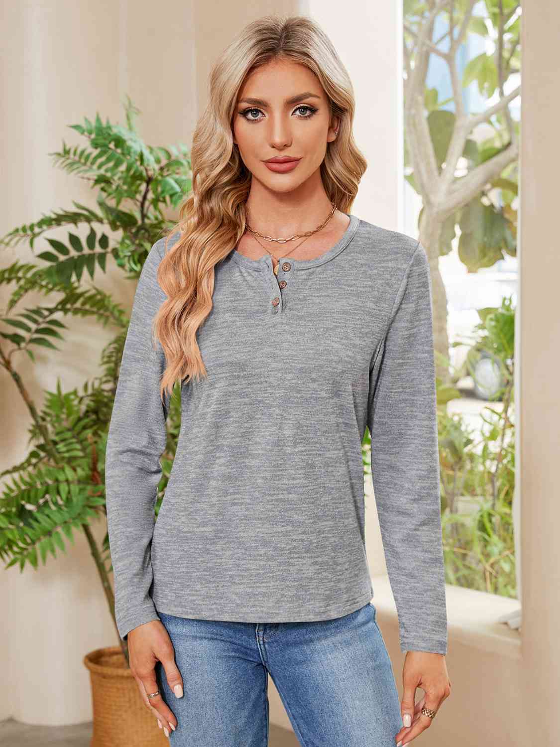 Dark Gray Buttoned Round Neck  Long Sleeve T-Shirt Sentient Beauty Fashions Apparel &amp; Accessories
