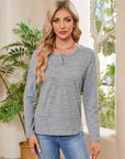 Dark Gray Buttoned Round Neck  Long Sleeve T-Shirt Sentient Beauty Fashions Apparel & Accessories