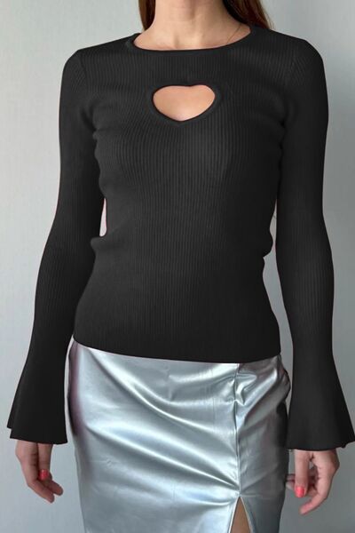 Gray Cutout Round Neck Flare Sleeve Knit Top Sentient Beauty Fashions Apparel &amp; Accessories