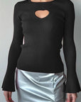 Gray Cutout Round Neck Flare Sleeve Knit Top Sentient Beauty Fashions Apparel & Accessories