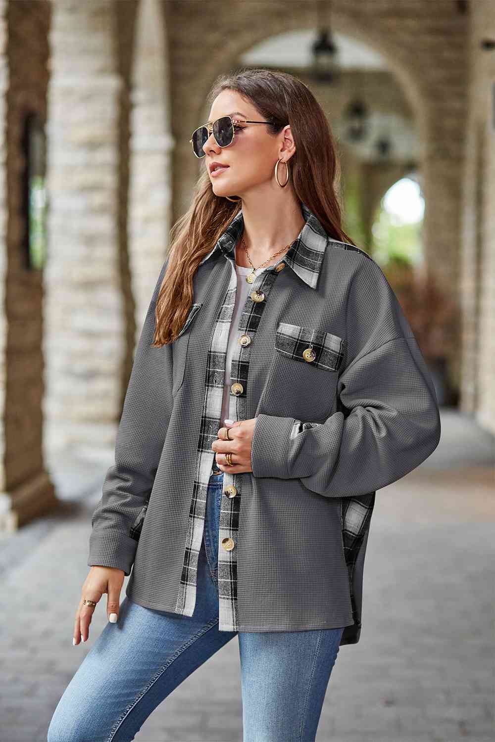 Dim Gray Plaid Collared Dropped Shoulder Jacket Sentient Beauty Fashions Apparel &amp; Accessories