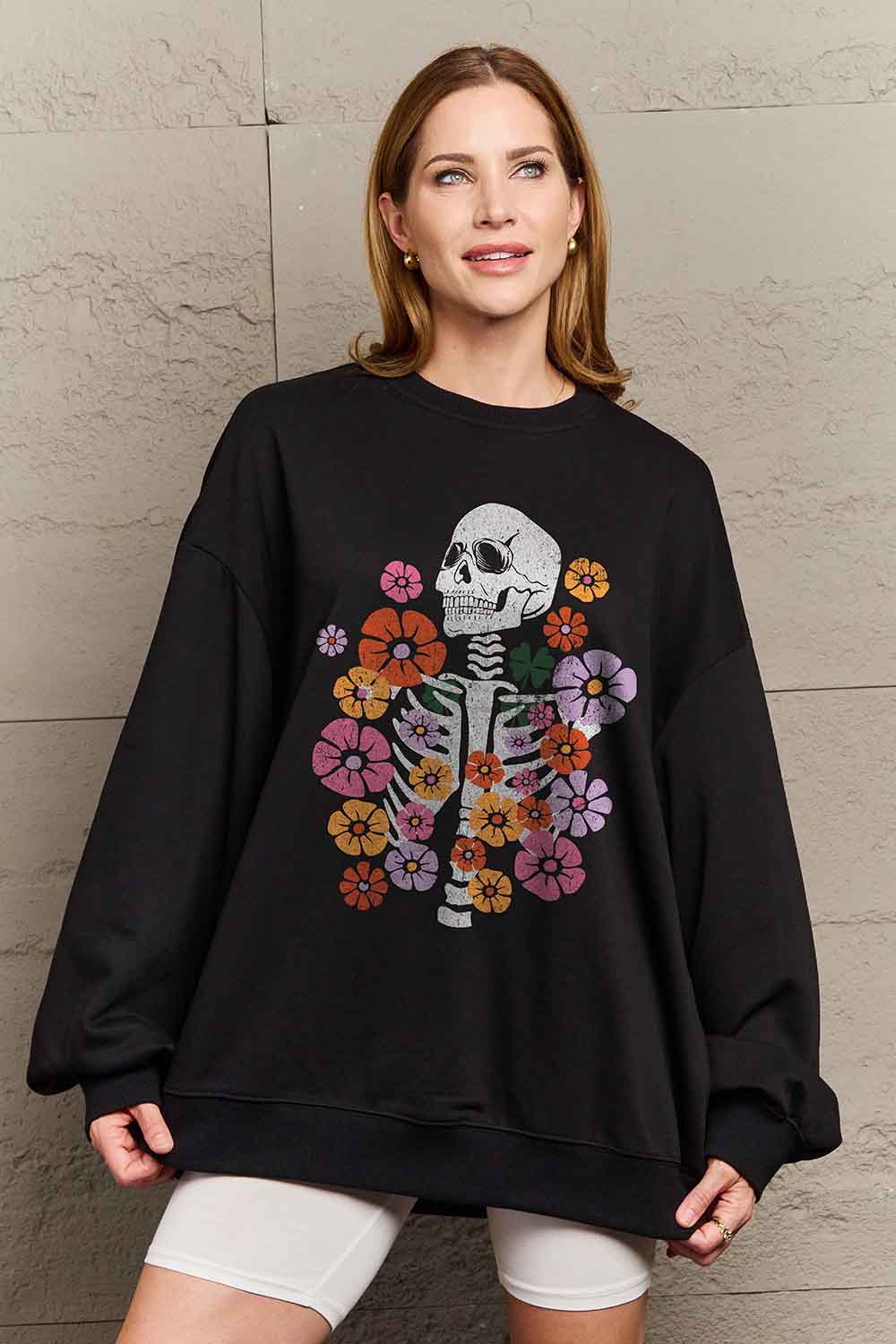 Dark Gray Simply Love Simply Love Full Size Flower Skeleton Graphic Sweatshirt Sentient Beauty Fashions Apparel & Accessories