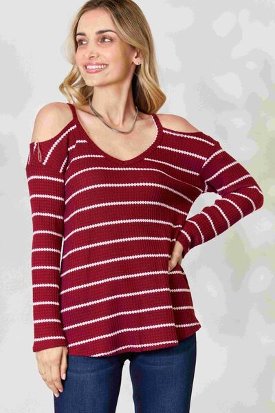 Light Gray BiBi Striped Cold Shoulder Long Sleeve Knit Top Sentient Beauty Fashions Apparel & Accessories