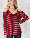 Light Gray BiBi Striped Cold Shoulder Long Sleeve Knit Top Sentient Beauty Fashions Apparel & Accessories