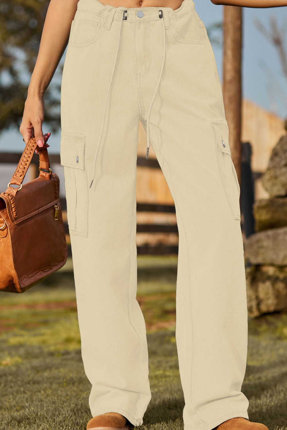 Tan Loose Fit Drawstring Jeans with Pocket Sentient Beauty Fashions Apparel &amp; Accessories
