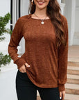 Saddle Brown Texture Round Neck Long Sleeve Knit Top