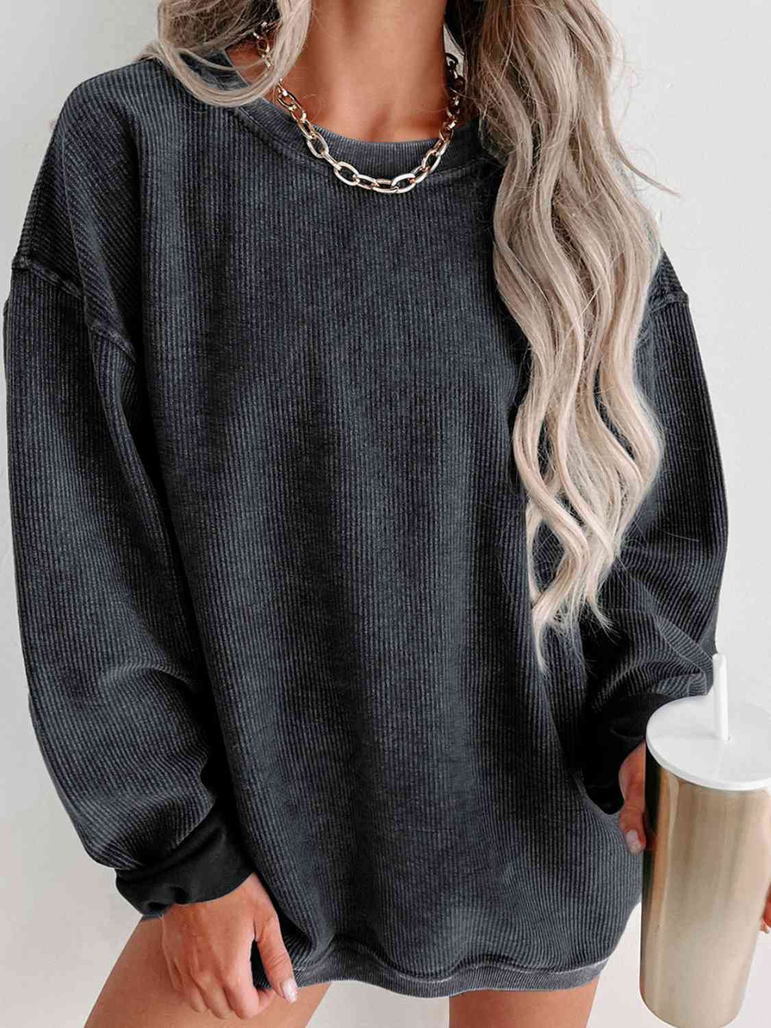 Gray Round Neck Dropped Shoulder Sweatshirt