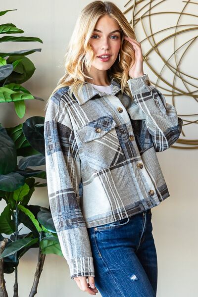 Gray Reborn J Plaid Button Up Long Sleeve Shacket Sentient Beauty Fashions Apparel &amp; Accessories