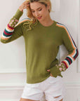 Light Gray Striped Round Neck Long Sleeve Sweater Sentient Beauty Fashions Apparel & Accessories