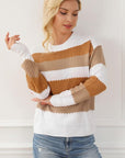 Light Gray Striped Round Neck Long Sleeve Knit Top