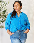 Light Gray Zenana Full Size Washed Raw Trim Button Down Shirt Sentient Beauty Fashions Apparel & Accessories