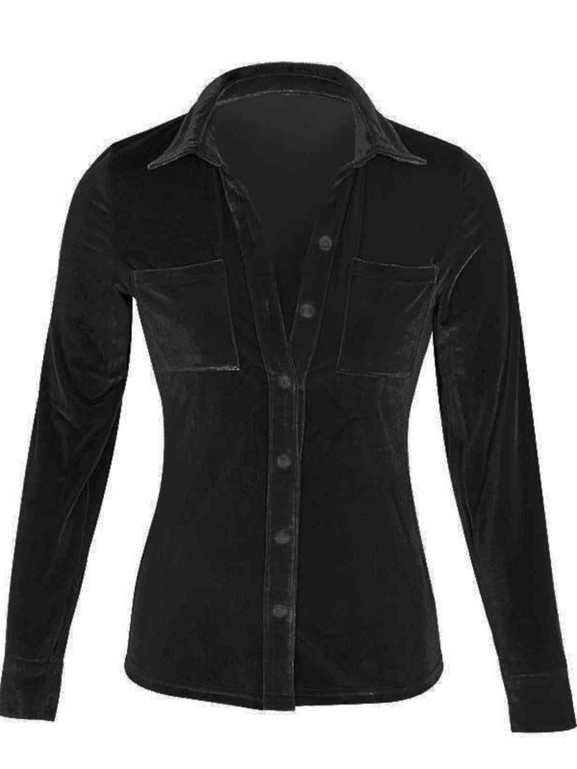 Black Button Up Collared Shirt with Breast Pockets