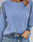 Light Slate Gray Round Neck Smocked Long Sleeve Blouse Sentient Beauty Fashions Apparel & Accessories