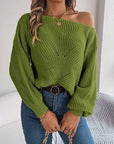 Dark Olive Green Openwork Long Sleeve Sweater