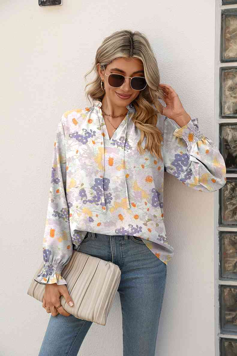 Light Gray Printed Tie Neck Flounce Sleeve Blouse Sentient Beauty Fashions Apparel & Accessories