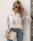 Light Gray Printed Tie Neck Flounce Sleeve Blouse Sentient Beauty Fashions Apparel & Accessories