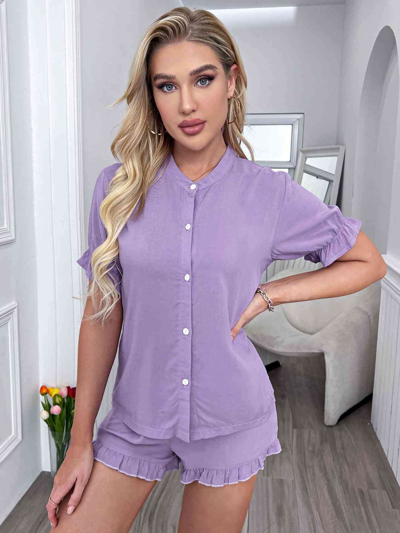 Dark Gray Flounce Sleeve Shirt and Frill Trim Shorts Lounge Set