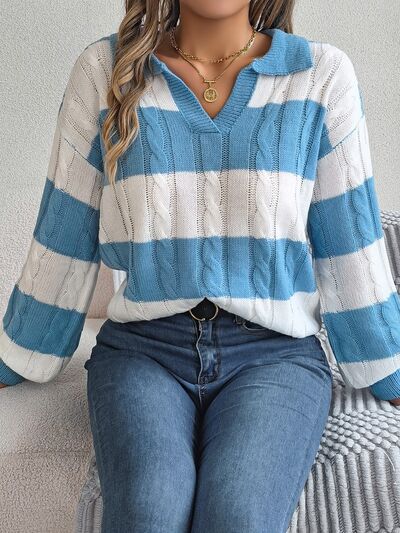 Light Slate Gray Cable-Knit Striped Long Sleeve Sweater Sentient Beauty Fashions Apparel &amp; Accessories