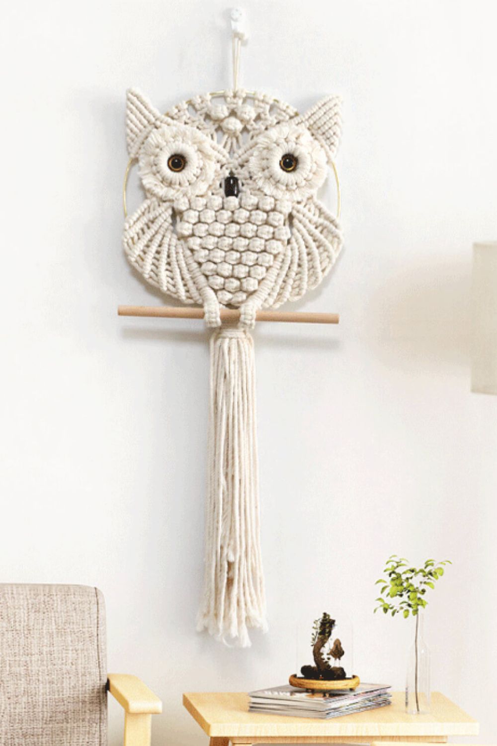 Beige Hand-Woven Owl Macrame Wall Hanging